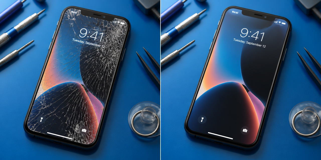 Srovnání iPhone s prasklým displejem před opravou a s novým displejem po opravě